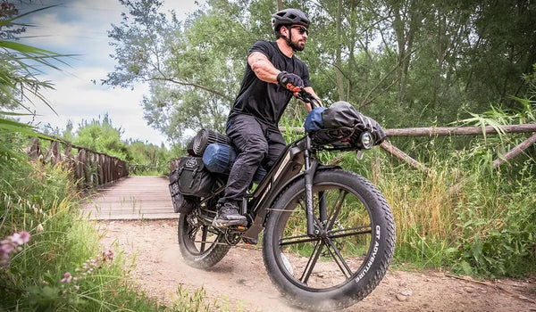 A man rides a Fiido Titan electric bike through the mountains