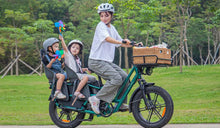 A mother carries her child on a Fiido T2 Longtail Cargo E-bike for a spring trip.