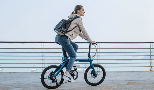Woman riding Fiido X electric bike on a boardwalk.
