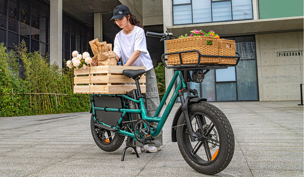 Woman sorting goods on fiido t2 ebike