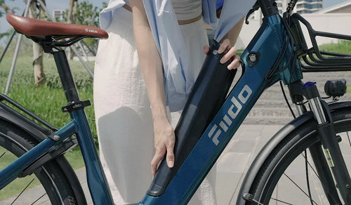 A woman is removing the removable battery from a Fiido C11 Pro.