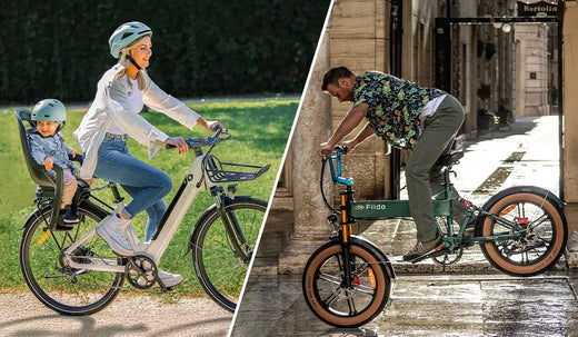 A woman is riding a Fiido C11 electric bicycle with a child as a passenger.