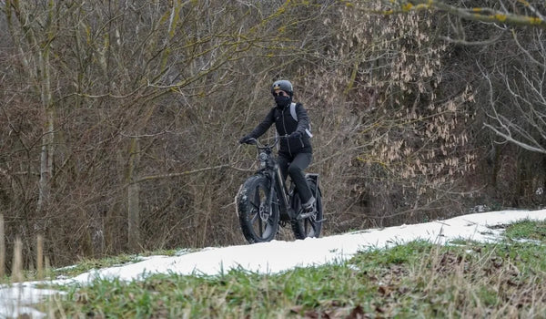 A woman rides a Fiido Titan electric bike through the snow.